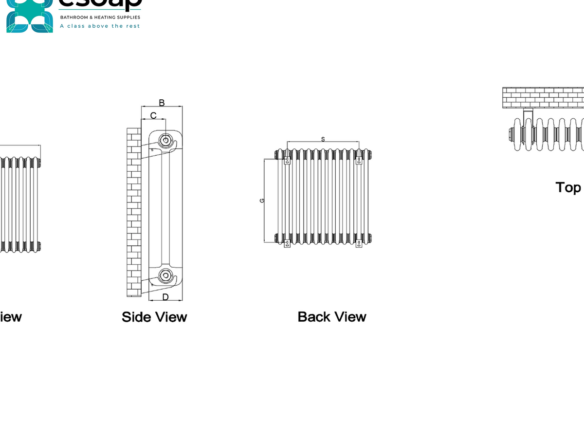 Technical line drawing showing radiator views labeled Side View, Back View, and Top view, with dimension markers and the Escap brand logo at the top left on a white background Reina Hedingham Horizontal Designer Radiator