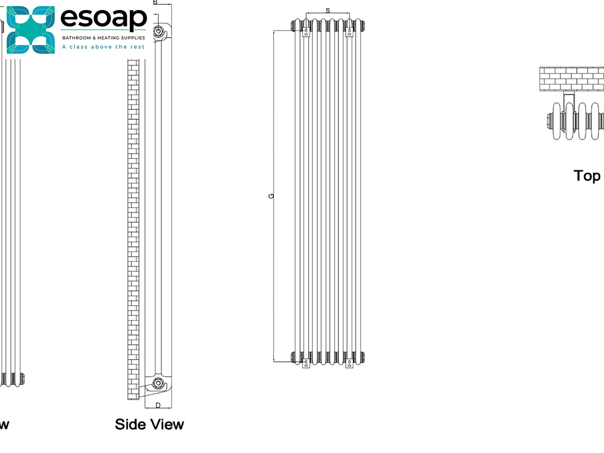 Technical line drawing of an Esoap radiator with side and top views, showing dimensions and mounting details on a white background Reina Hedingham Vertical Designer Radiator
