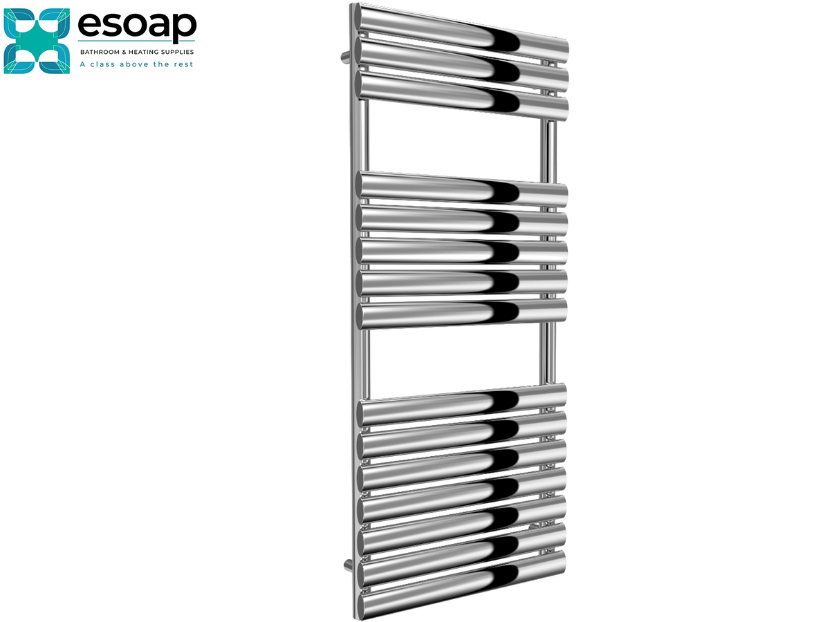 A tall, modern chrome towel radiator with multiple horizontal bars, shown on a plain white background with the Esoap brand logo in the top-left corner. Reina Helin 1120x500 Polished Stainless Steel Designer Radiator