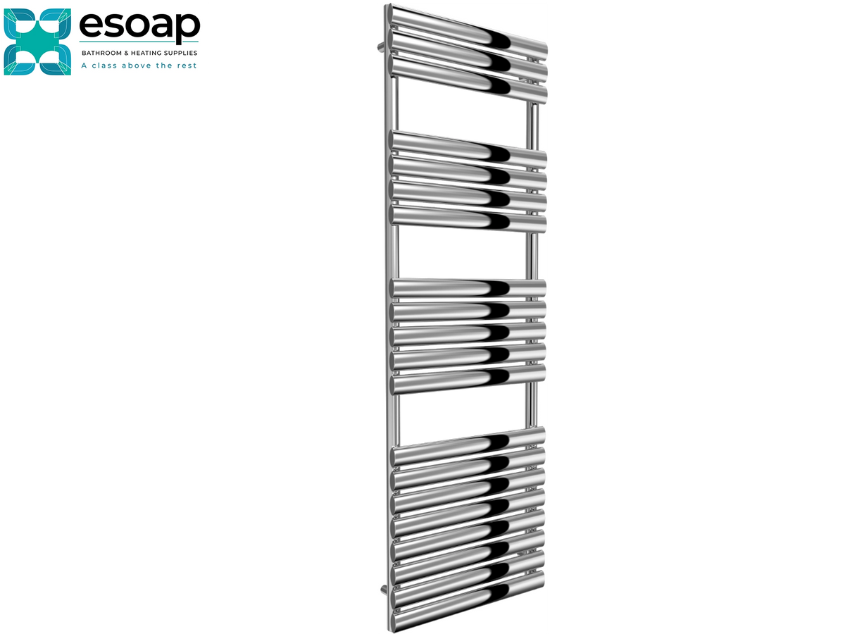 A tall, narrow heated towel rail with horizontal chrome bars, shown on a plain white background. The Esoap brand logo is visible in the top-left corner. Reina Helin 1535x500 Polished Stainless Steel Designer Radiator