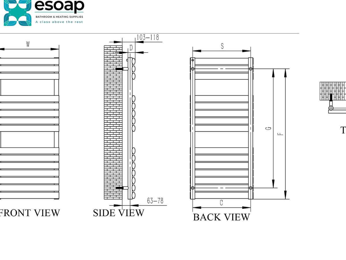 Technical dimension drawing of a wall-mounted towel rail showing front, side, and back views with measurements, from Esoap Bathroom & Heating Supplies. Reina Helin Polished Stainless Steel Designer Radiator