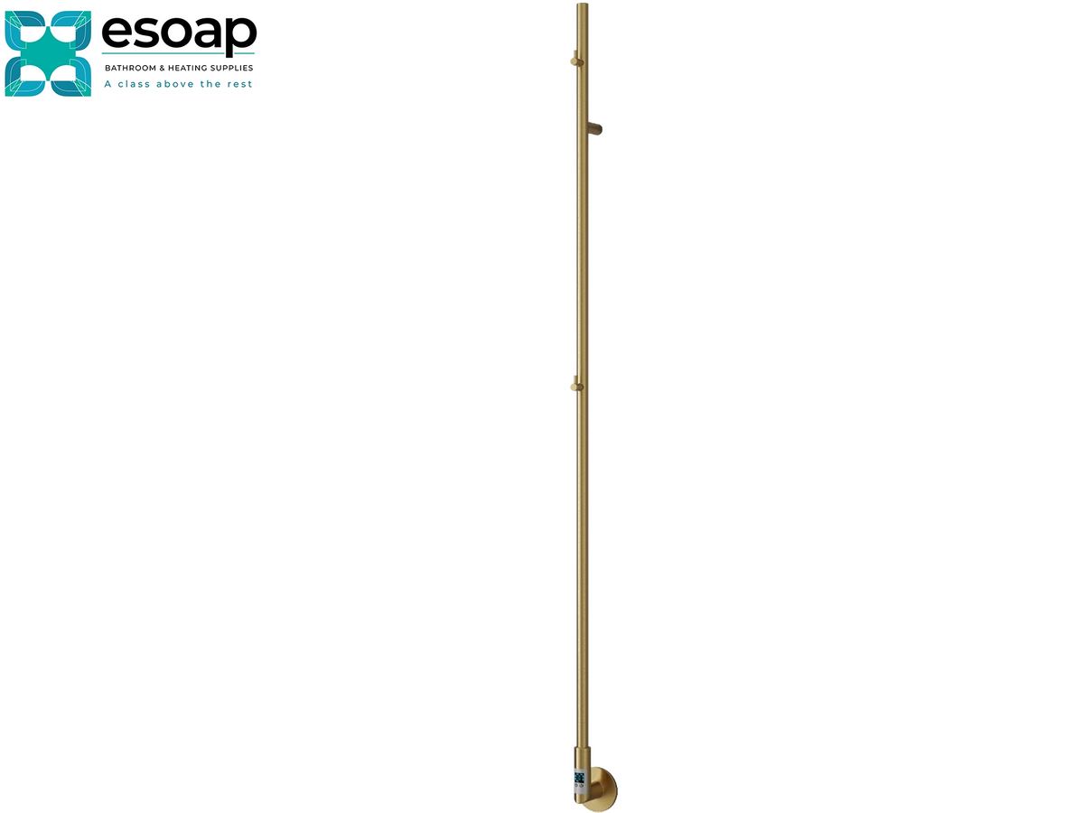 A brass shower column with a wall-mounted circular base and a small side lever, shown vertically against a plain white background. The Esooap brand logo is visible in the top-left corner. Reina Ines 1500x22 Brushed Brass