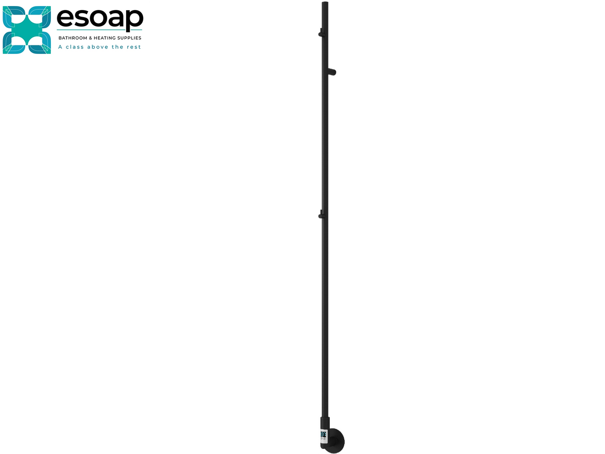A tall, slender black metal pole with a circular base and small mounting clips, shown vertically on a plain white background. The Esoap brand logo is visible in the top-left corner. Reina Ines 1500x22 Matt Black