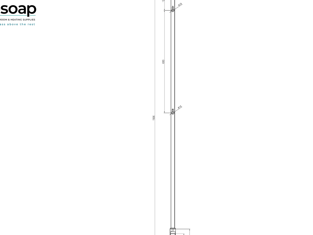 A technical dimension diagram of a tall, slim soap dispenser, showing measurements in centimeters and millimeters on a white background with the 'soap' brand logo in the top-left corner.Reina Ines 1500x22 Side view