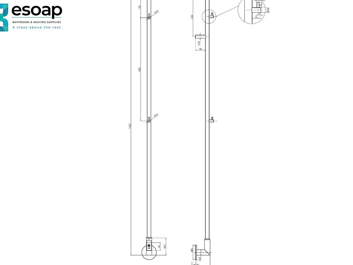Technical dimension drawing of a tall vertical pole assembly with side and front views, including a circular inset detail at the top right and a esoap logo in the upper left on a white background. Reina Ines 1500x22 Stainless Steel
