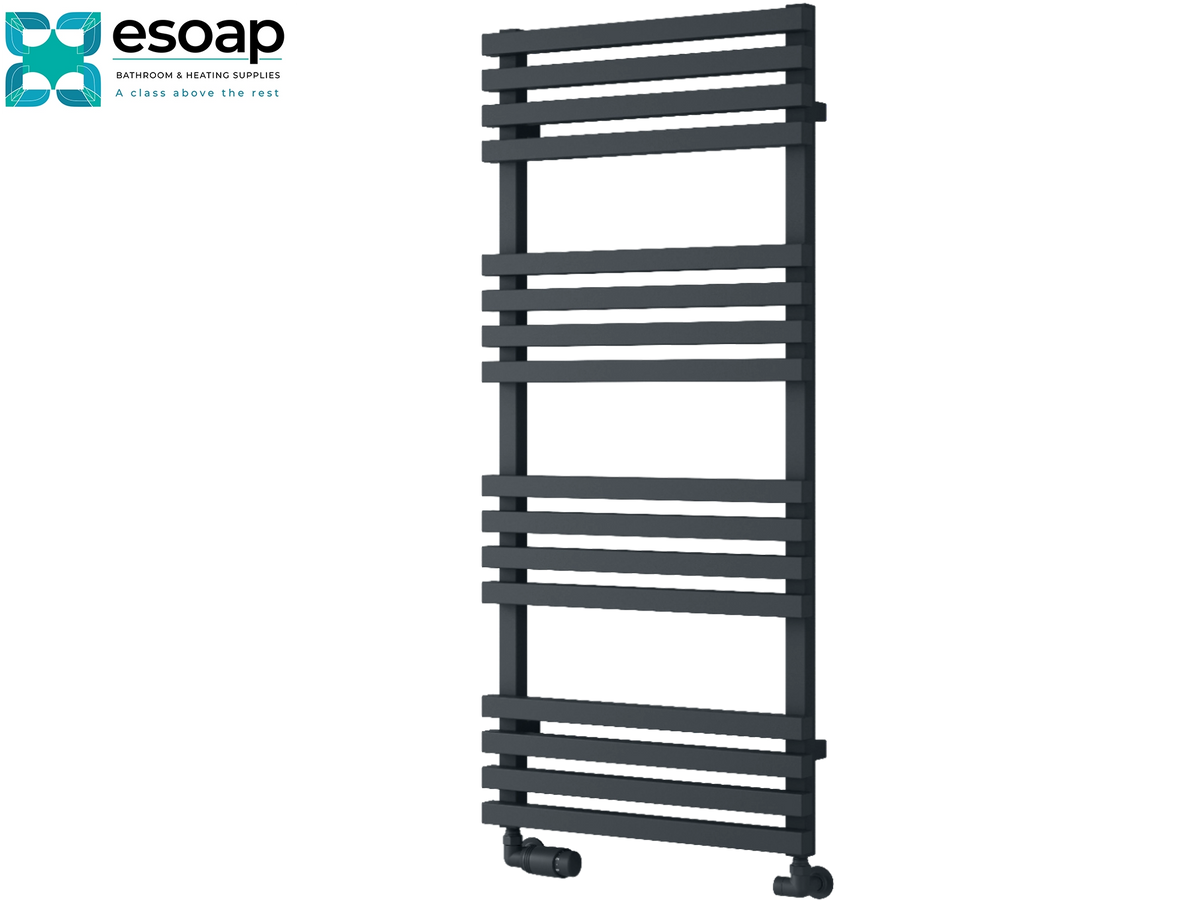 A dark gray heated towel rail with multiple horizontal bars, shown on a plain white background with the Esoap brand logo in the top-left corner Reina Kale 1126x500 Anthracite Designer Radiator