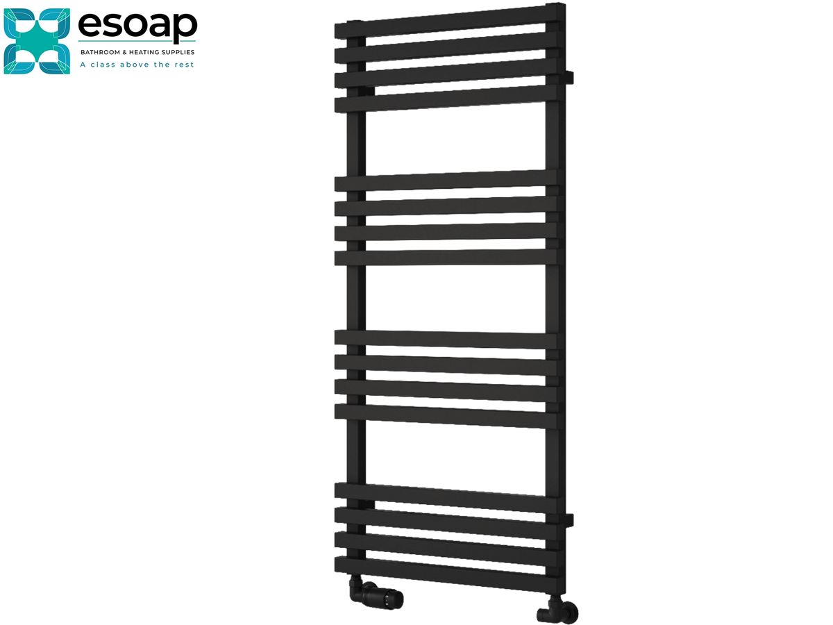 A black metal heated towel rail with multiple horizontal bars, shown on a plain white background with the Esoap brand logo in the top-left corner Reina Kale 1126x500 Black Designer Radiator