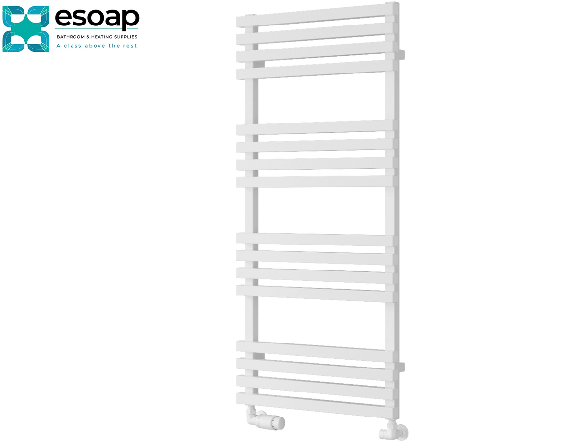 White heated towel rail with horizontal bars, shown on a plain white background with the Esoap brand logo in the top-left corner Reina Kale 1126x500 White Designer Radiator
