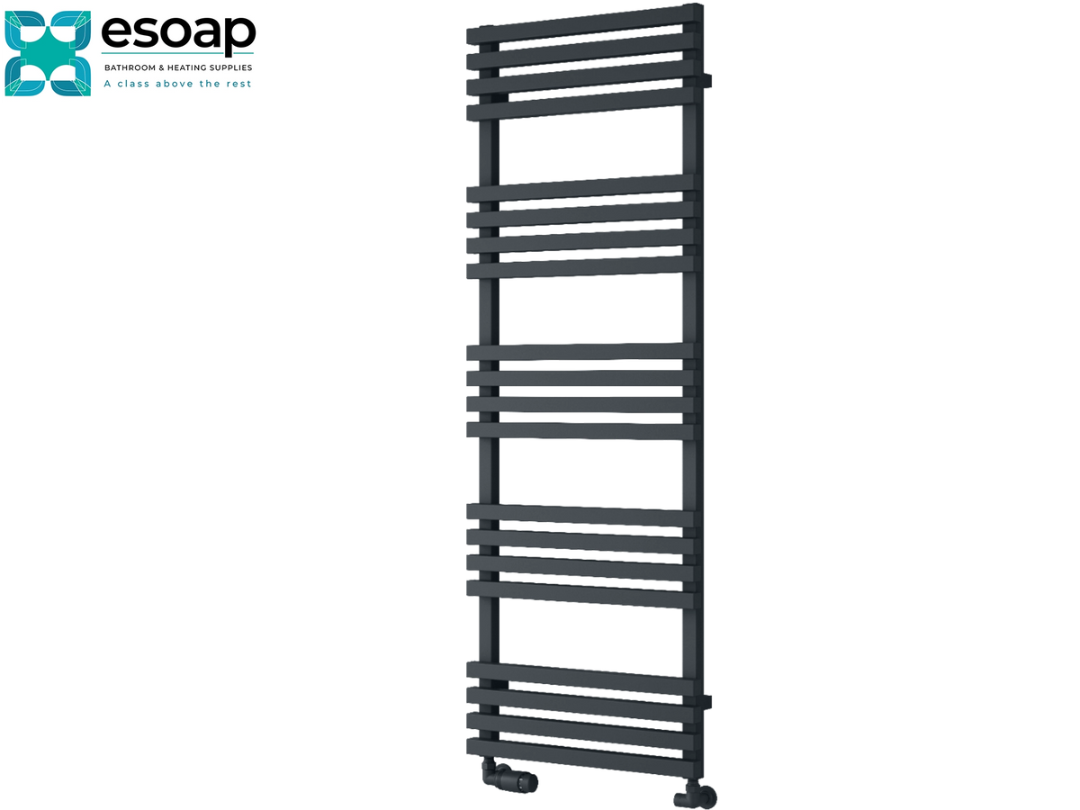 A tall, narrow black heated towel rail with multiple horizontal bars, shown on a plain white background with the Esoap brand logo in the top-left corner Reina Kale 1436x500 Anthracite Designer Radiator