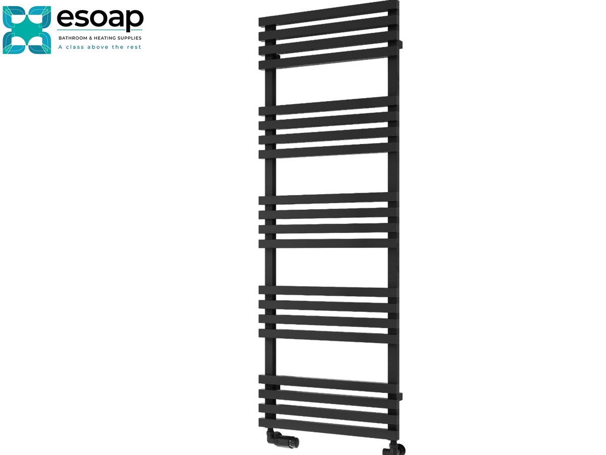 A tall black towel radiator with horizontal bars, shown on a plain white background with the Esoap brand logo in the top-left corner Reina Kale 1436x500 Black Designer Radiator