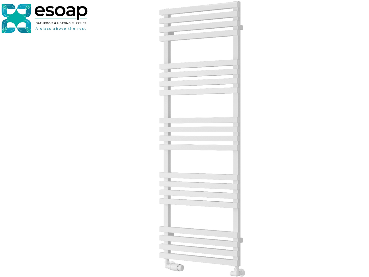 A tall white heated towel rail with multiple horizontal bars, shown on a plain white background. The Esoap brand logo is visible in the top-left corner Reina Kale 1436x500 White Designer Radiator