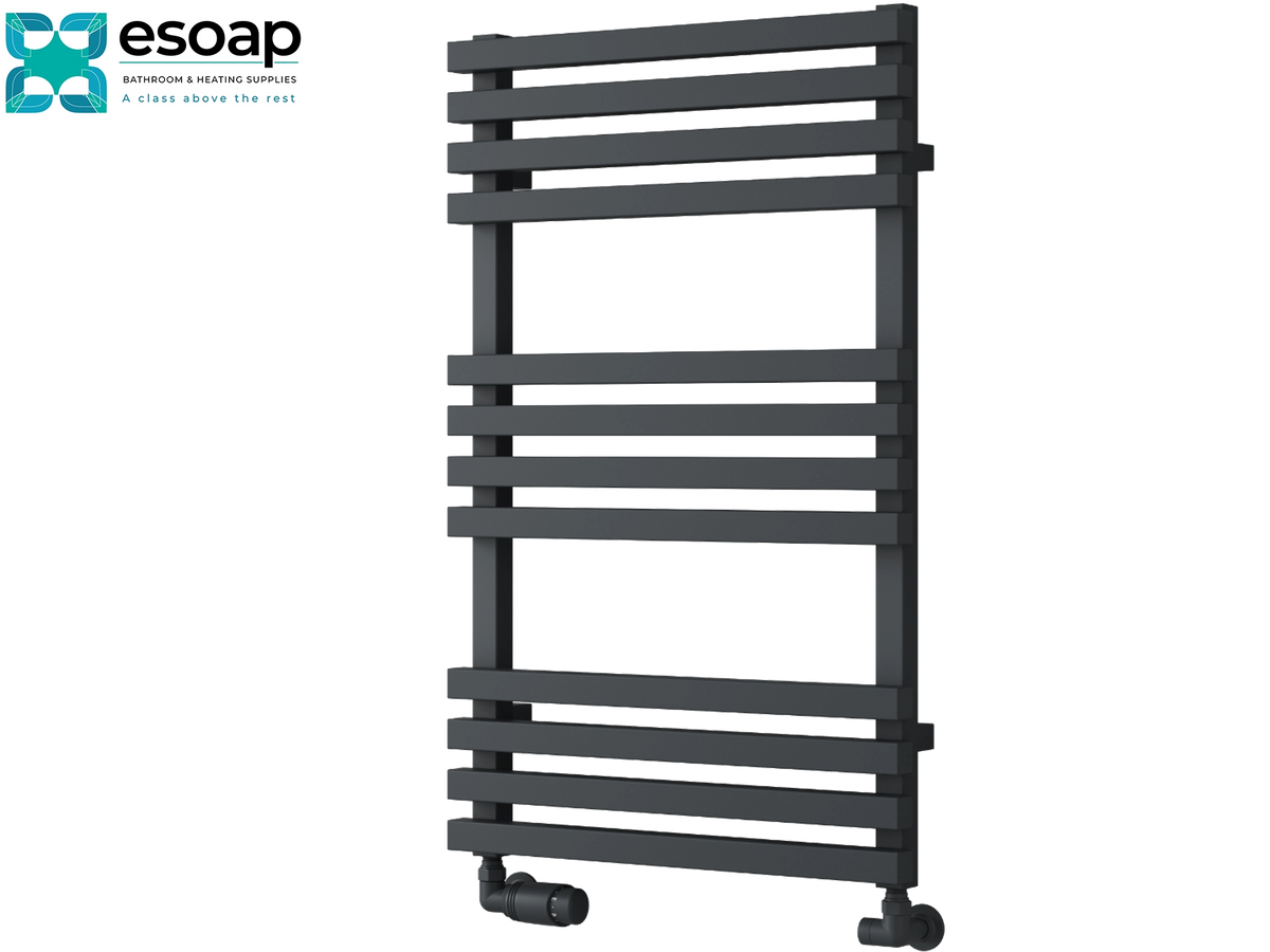 A dark gray heated towel rail with multiple horizontal bars and a vertical support frame, shown on a plain white background with the Esoap brand logo in the top-left corner Reina Kale 816x500 Anthracite Designer Radiator