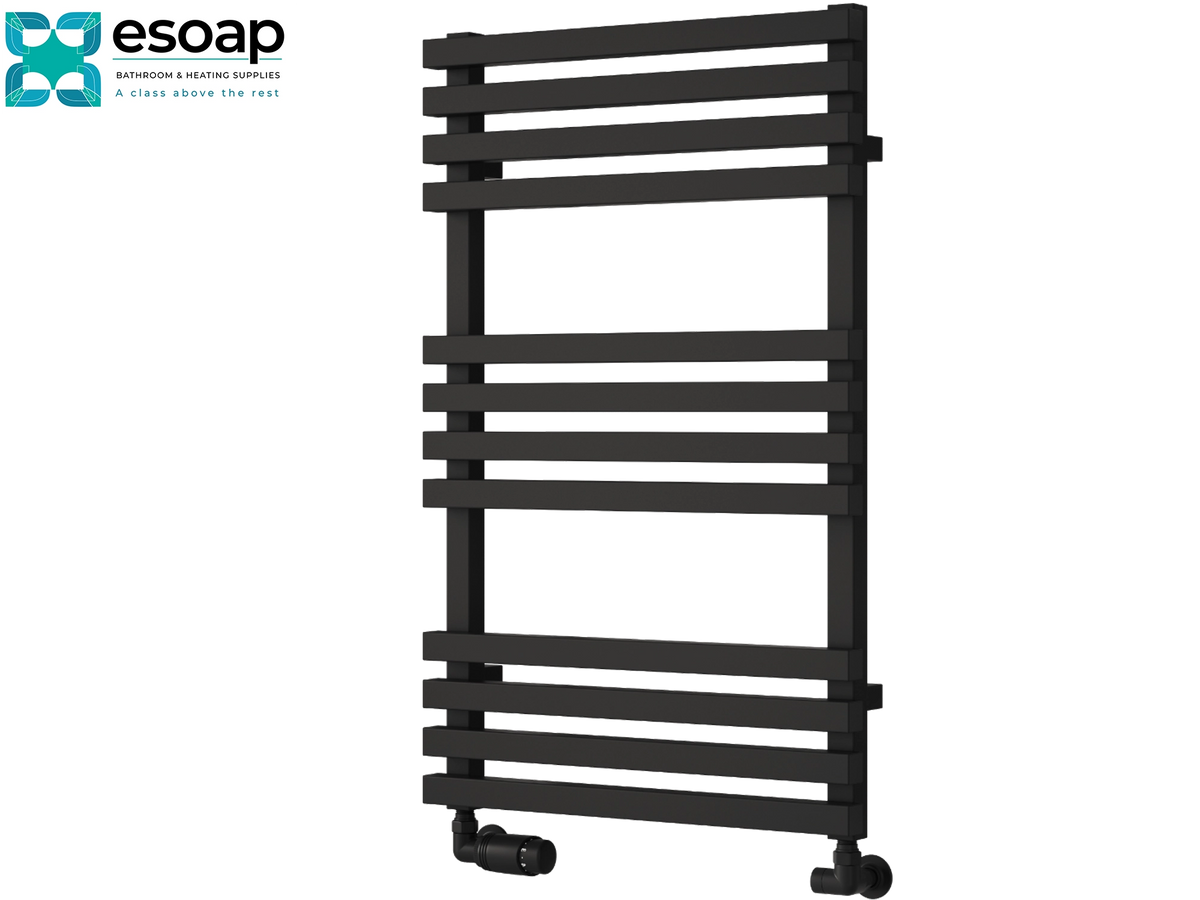 A black heated towel rail with multiple horizontal bars and caster wheels at the bottom, shown on a plain white background with the Esoap logo in the top-left corner Reina Kale 816x500 Black Designer Radiator