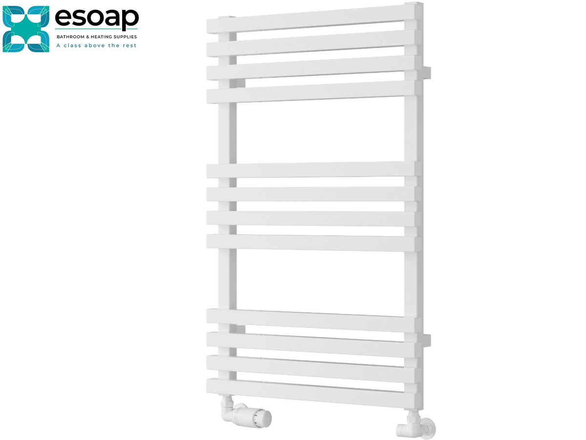 A white heated towel rail with multiple horizontal bars and bottom pipe connectors, shown on a plain white background with the Esoap logo in the top-left corner Reina Kale 816x500 White Designer Radiator