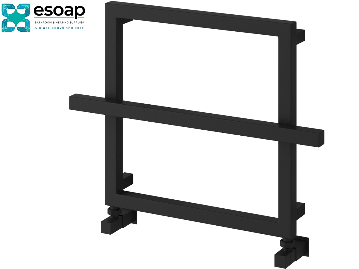 A black metal frame or rack structure with a rectangular grid and horizontal support bars, shown on a plain white background. The logo for esoap is visible in the top-left corner.Reina Lago 1 450x600 Black Designer Radiator