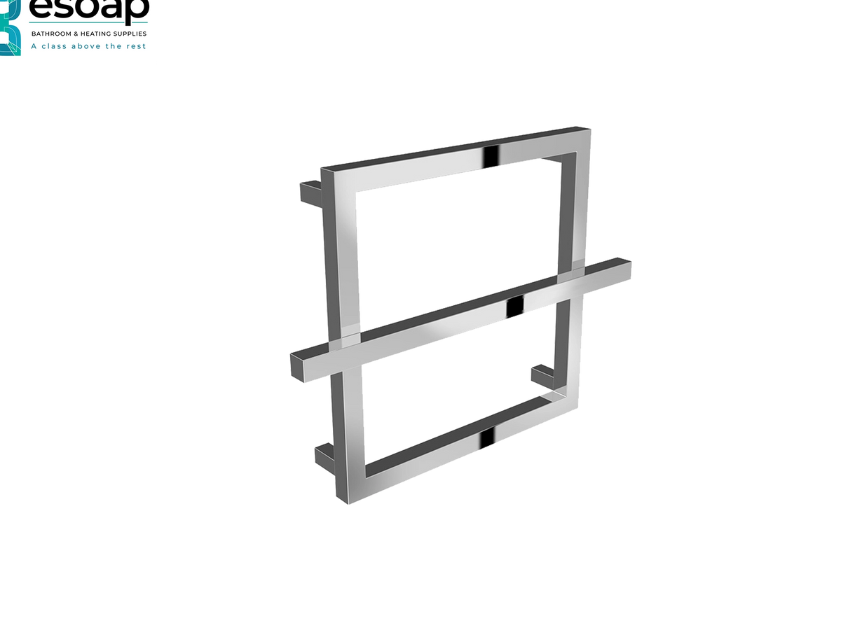 A modern chrome wall-mounted frame fixture with a rectangular tub surround, shown on a plain white background with a small Esoap logo in the top-left corner Reina Lago 1 450x600 Chrome Designer Radiator