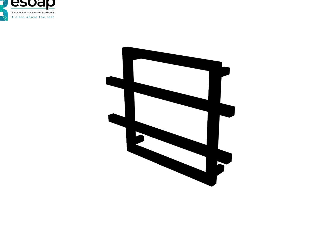 A black metal three-tier shelf rack with a modern minimalist design, shown on a plain white background with a small Esocoap logo in the top-left corner Reina Lago 2 450x600 Black Designer Radiator