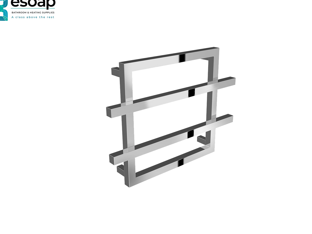 A modern chrome wall-mounted towel bar frame with three horizontal bars and square end caps, shown on a plain white background with a small Esoap logo in the top-left corner Reina Lago 2 450x600 Chrome Designer Radiator