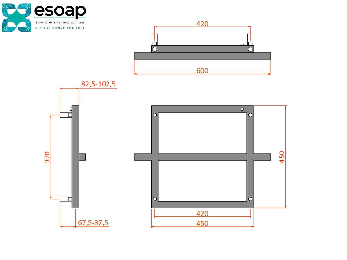 Technical dimension drawing of a square metal frame or bracket with red measurement labels and dimensions, on a white background. The esoap logo appears in the top left corner.Reina Lago 1 450x600 Designer Radiator