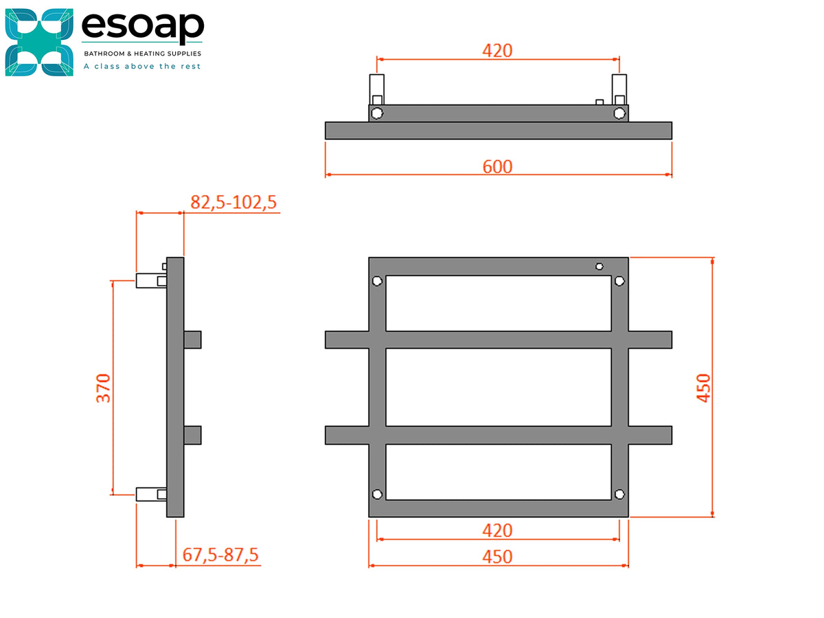 Technical dimension diagram of a metal frame or rack component, showing three orthographic views with red measurement labels and values on a white background. The logo 'esoap' appears in the top left.Reina Lago 2 450x600 Designer Radiator
