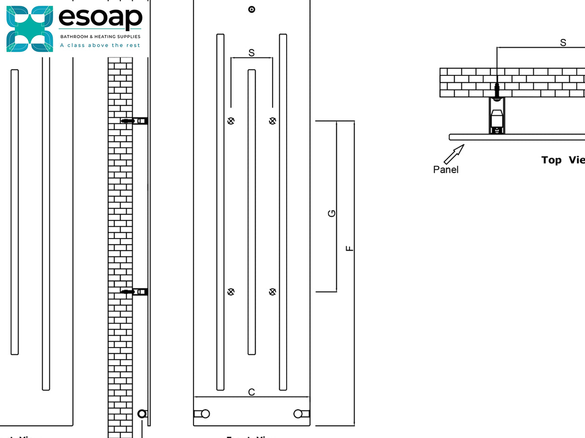 Technical dimension diagram and installation guide for Esoap glass wall panels, showing front and top-view measurements, mounting brackets, and a cross-section with labels Reina Line 1800x490 Designer Radiator
