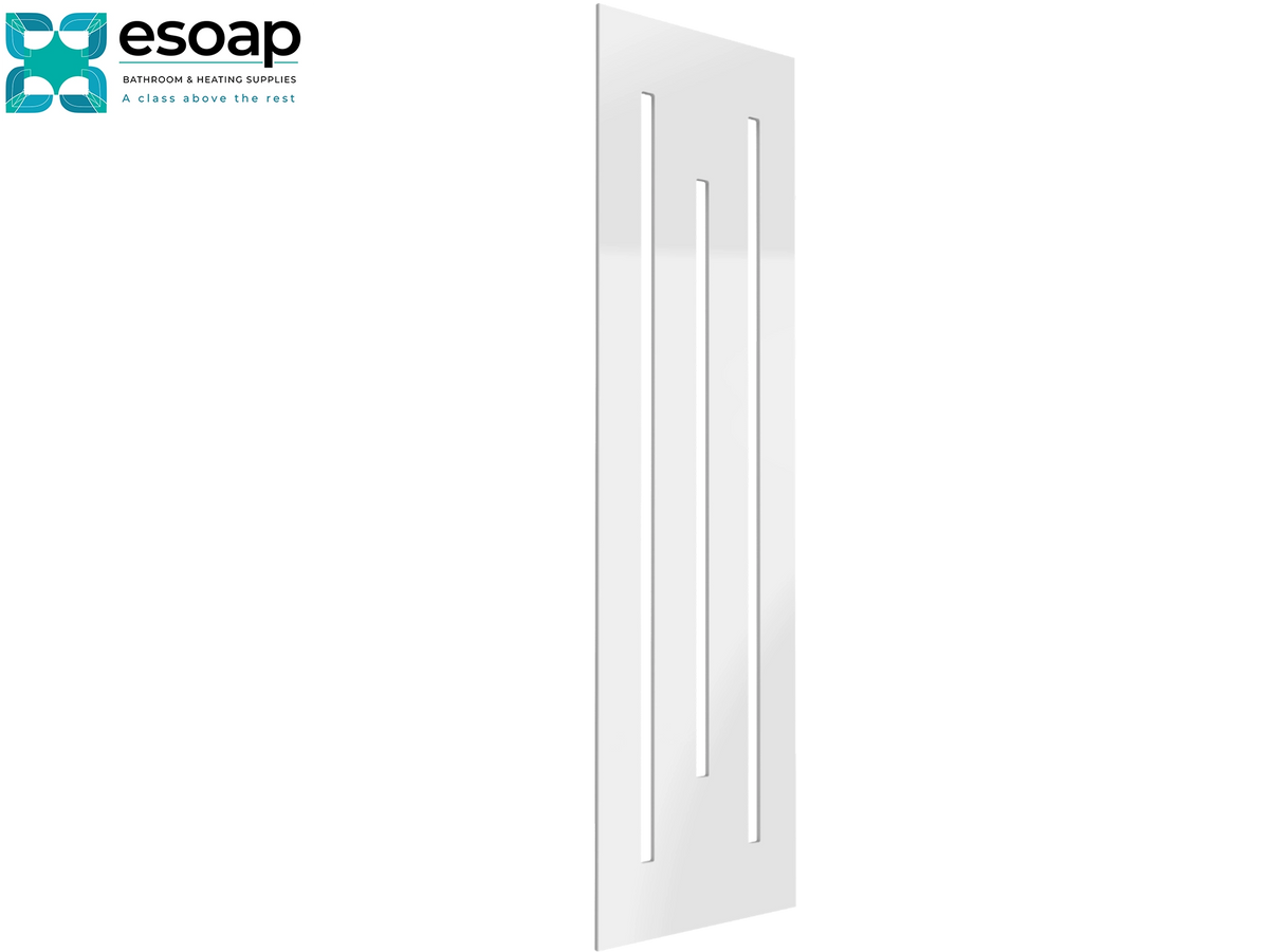 A modern white interior door with three vertical rectangular recesses, shown against a plain white background with the Esoap brand logo in the top-left corner Reina Line 1800x490 White Designer Radiator