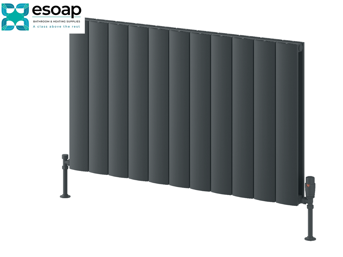A dark gray panel radiators by Esoap, featuring a modern multi-panel design with vertical fins and two pipe connectors at the base, shown on a solid white background. Reina Loco Horizontal Double 600x1040 Anthracite Designer Radiator
