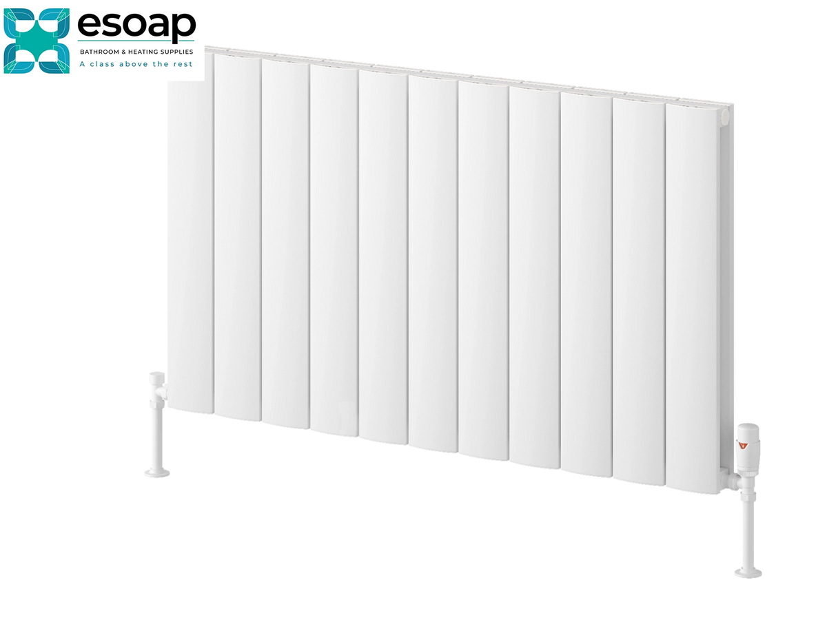 White panel radiators by Esoap, featuring a modern multi-panel design with white mounting pipes and a control valve, shown on a clean white background with the Esoap logo in the top-left corner. Reina Loco Horizontal Double 600x1040 White Designer Radiator