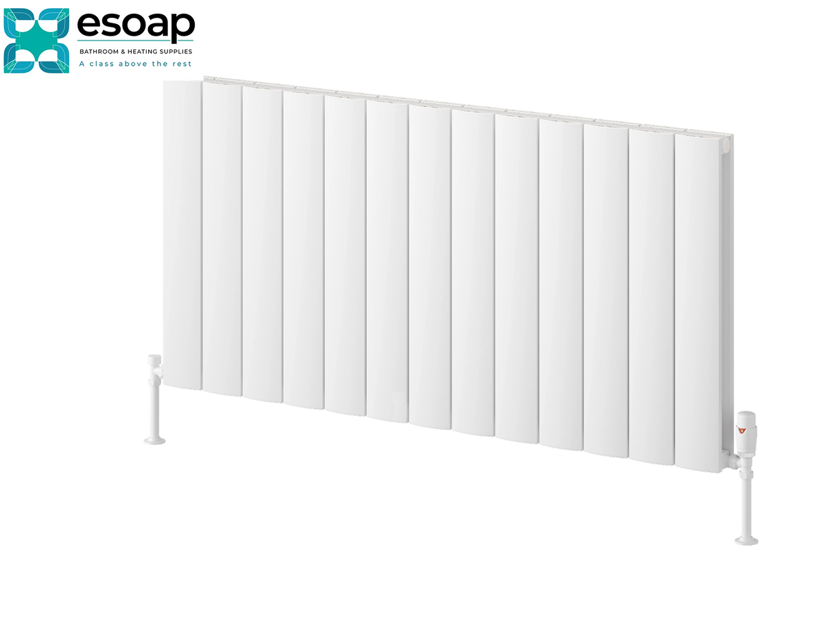 A white panel radiators by Esoap, shown from a three-quarters angle on a solid white background with the Esoap logo in the top-left corner. Reina Loco Horizontal Double 600x1230 White Designer Radiator