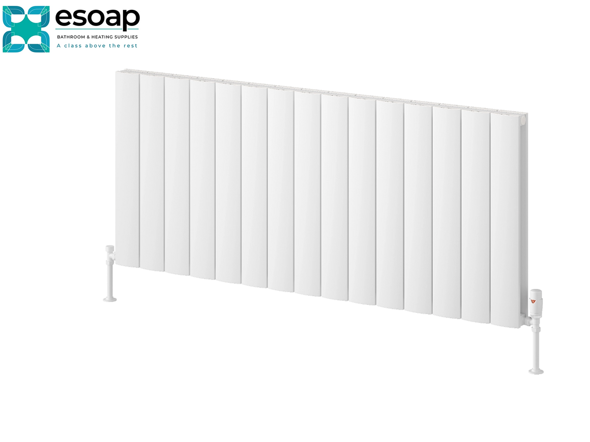 A white panel radiators by Esoap, shown from a three-quarters angle on a solid white background, featuring the Esoap brand logo in the top-left corner. Reina Loco Horizontal Double 600x1420 White Designer Radiator
