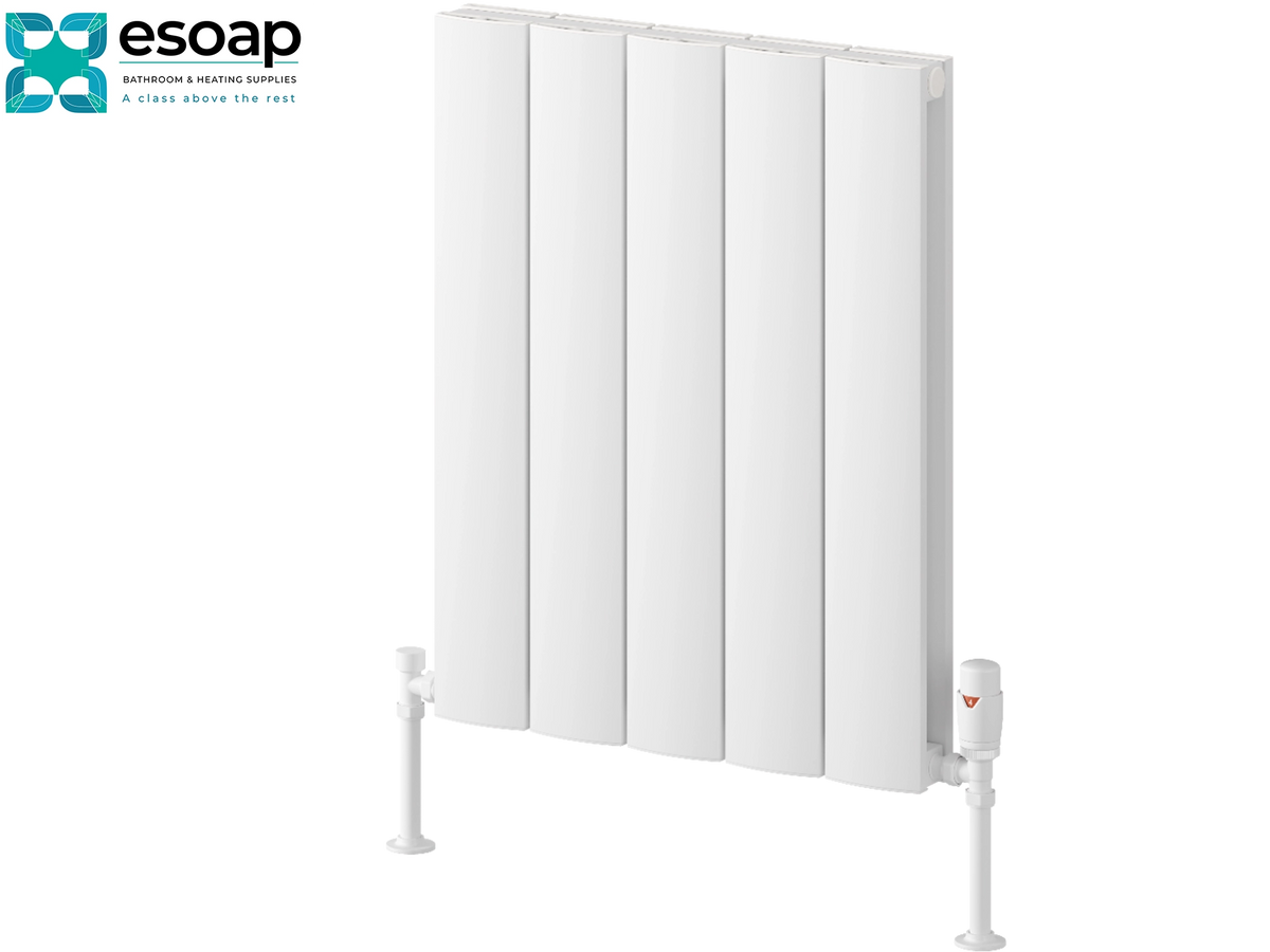 White panel radiators by Esoap, featuring a vertical multi-panel design with white pipes and a white thermostatic valve, shown on a solid white background with the Esoap logo in the top-left corner. Reina Loco Horizontal Double 600x470 White Designer Radiator