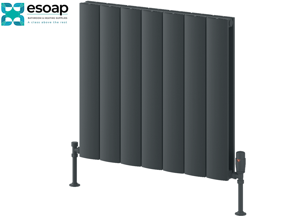 A dark gray panel radiators by Esoap, featuring six vertical fins and a black control valve on the right side, shown on a white background with the Esoap logo in the top-left corner. Reina Loco Horizontal Double 600x660 Anthracite Designer Radiator
