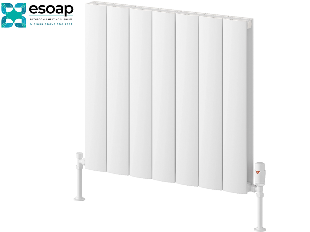 A white panel radiators by Esoap, featuring a clean vertical design with a white ball valve and pipe fittings, shown on a white background with the Esoap logo in the top-left corner. Reina Loco Horizontal Double 600x660 White Designer Radiator
