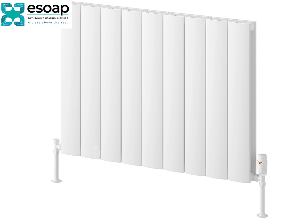 A white panel radiators by Esoap, shown at a three-quarter angle on a solid white background, featuring a brand logo in the top-left corner. Reina Loco Horizontal Double 600x850 White Designer Radiator