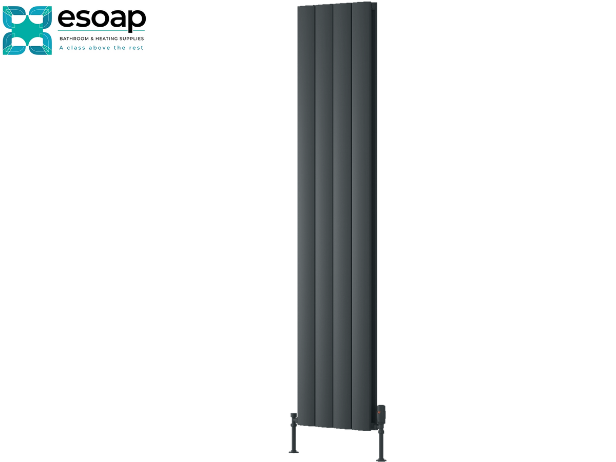 A tall, narrow dark gray panel radiator shown against a plain white background, with the Esoap logo in the top-left corner. Reina Loco Vertical Double 1800x375 Anthracite Designer Radiator