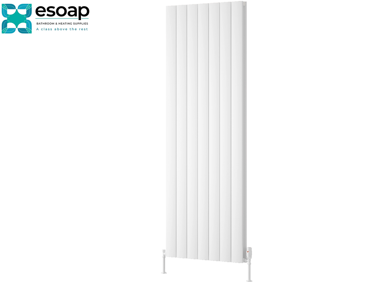 A tall white panel radiator shown against a plain white background, with the Esoap brand logo in the top-left corner. Reina Loco Vertical Double 1800x660 White Designer Radiator