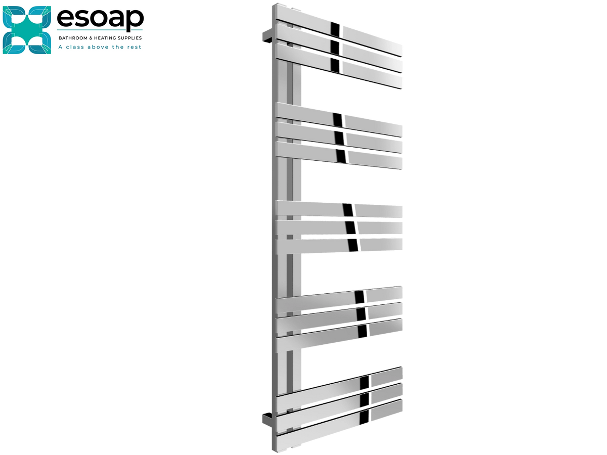 A modern stainless steel radiator heater with horizontal bars, shown on a plain white background with the Esoap brand logo in the top-left corner.  Reina Lovere 1230x500 Polished Stainless Steel Designer Radiator
