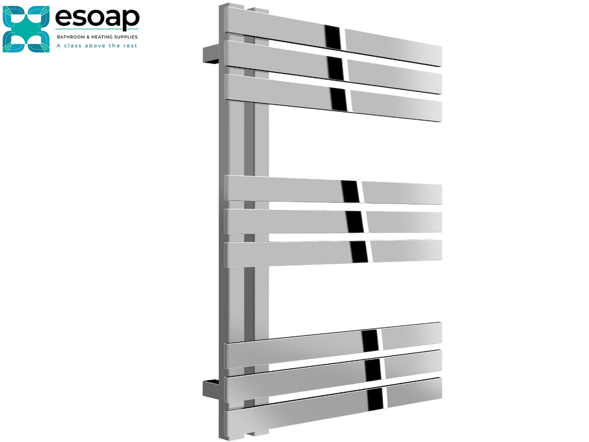 A modern heated towel rail in a brushed silver/chrome finish, featuring horizontal bars with black accent stripes. The product is shown on a plain white background with the Esoap brand logo in the top-left corner. Reina Lovere 690x500 Polished Stainless Steel Designer Radiator