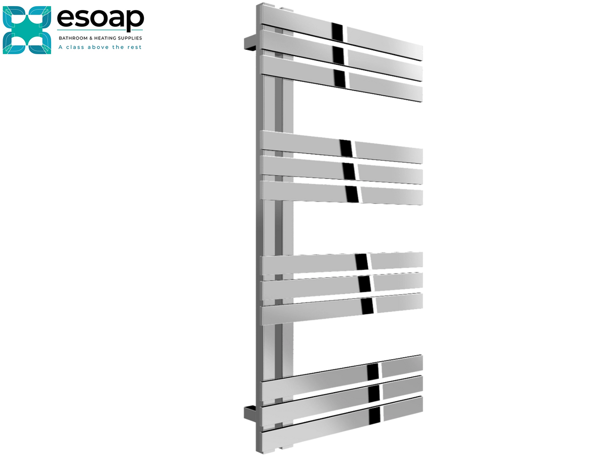 A modern stainless steel heated towel rail with horizontal bars, shown at an angle on a white background with the Esoap logo in the top-left corner. Reina Lovere 1230x500 Polished Stainless Steel Designer Radiator