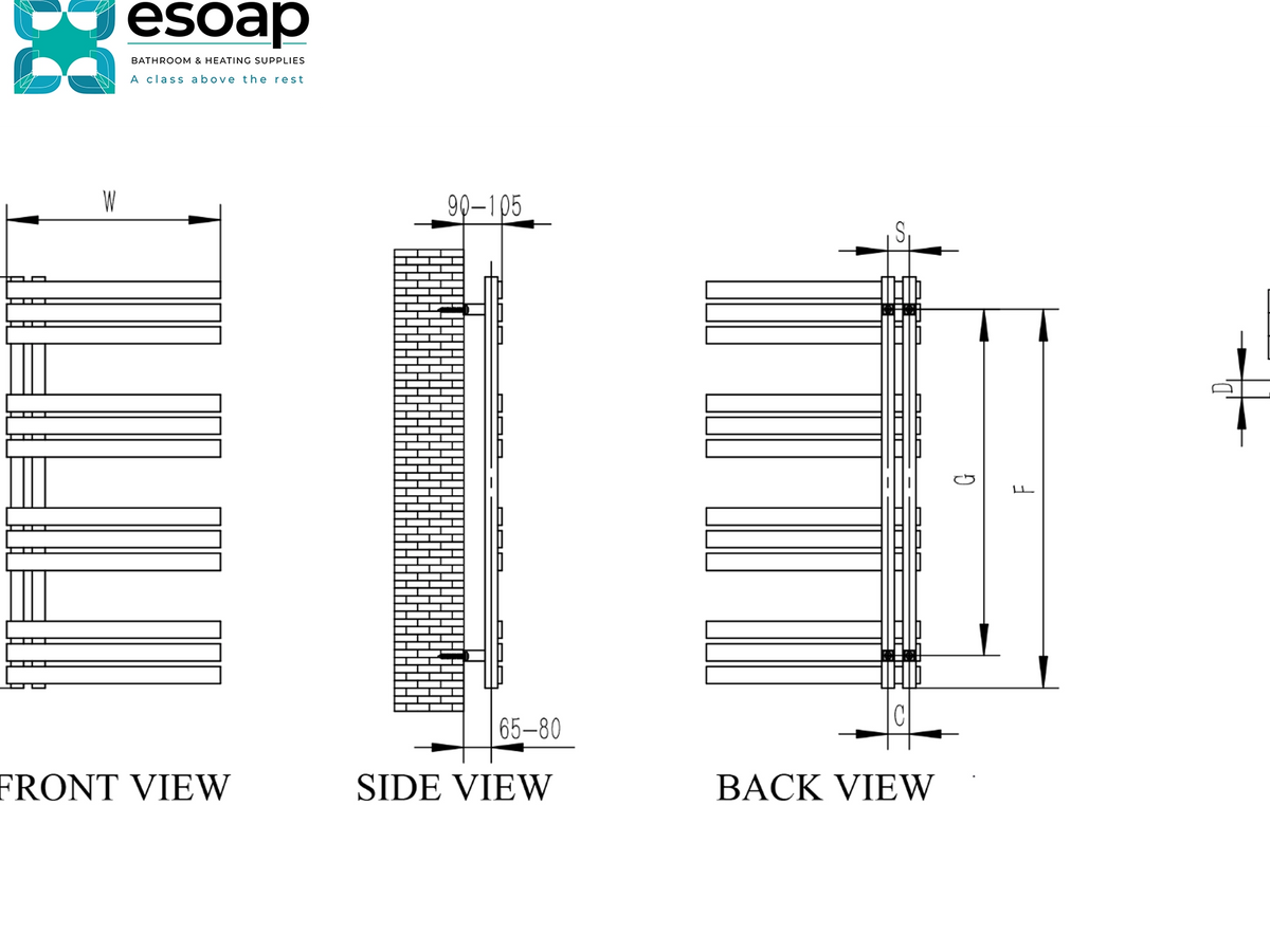 Technical dimension diagram showing front, side, and back views of a wall-mounted bathroom or heating supply component, with measurement labels and the Esoap logo at the top left. Reina Lovere Stainless Steel Designer Radiator