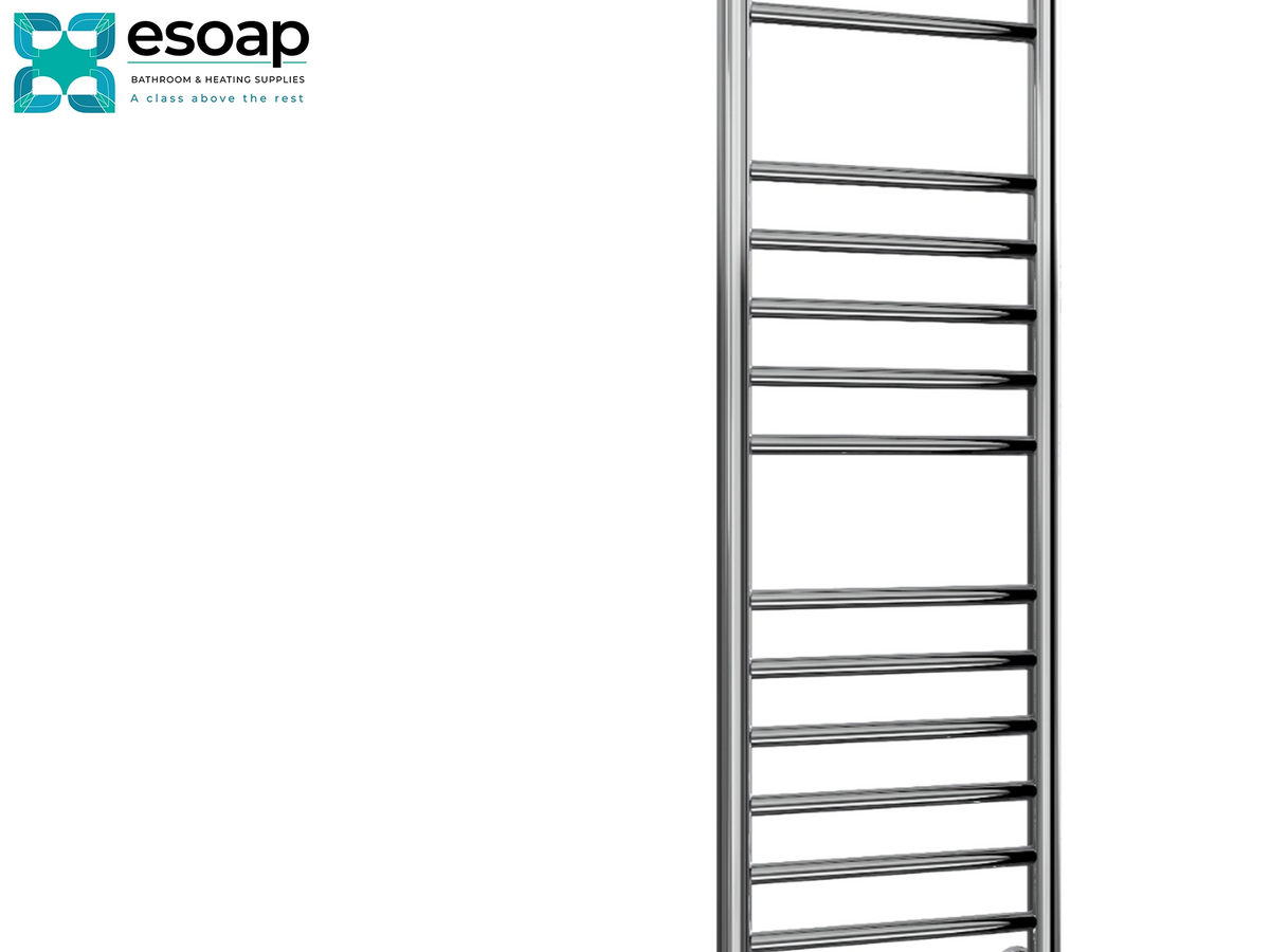 A tall, modern stainless steel heated towel rail with horizontal bars, shown against a plain white background with the Esoap brand logo in the top-left corner. Reina Luna 1200x350 Polished Stainless Steel Designer Radiator