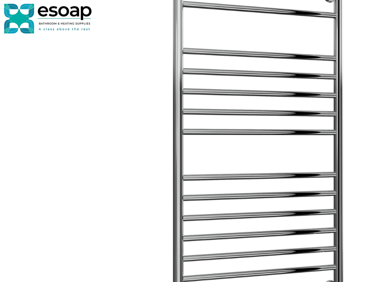 A polished chrome heated towel rail shown on a plain white background, with the Esoap logo in the top-left corner. Reina Luna 1200x600 Polished Stainless Steel Designer Radiator