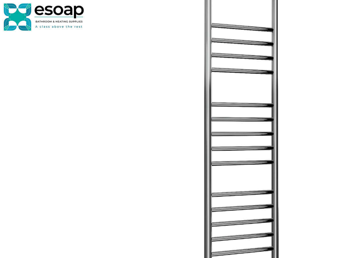 A tall, narrow chrome towel radiator ladder shown against a plain white background, with the Esoap logo in the top-left corner. Reina Luna 1500x350 Polished Stainless Steel Designer Radiator