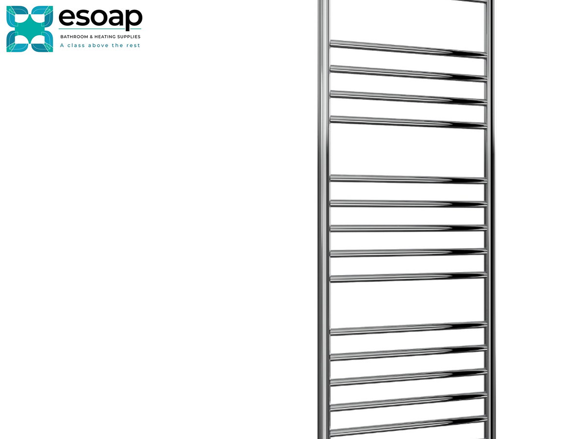A tall, narrow chrome towel radiator with horizontal bars, shown against a plain white background with the Esoap logo in the top-left corner. Reina Luna 1500x500 Polished Stainless Steel Designer Radiator