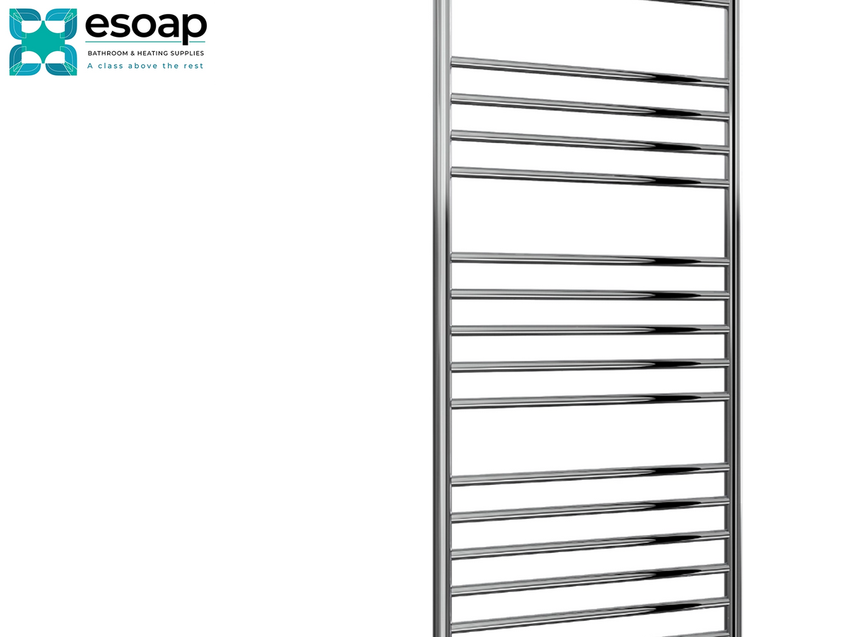 A tall, slim chrome towel radiator with horizontal bars, shown on a plain white background with the Esoap logo in the top-left corner. Reina Luna 1500x600 Polished Stainless Steel Designer Radiator