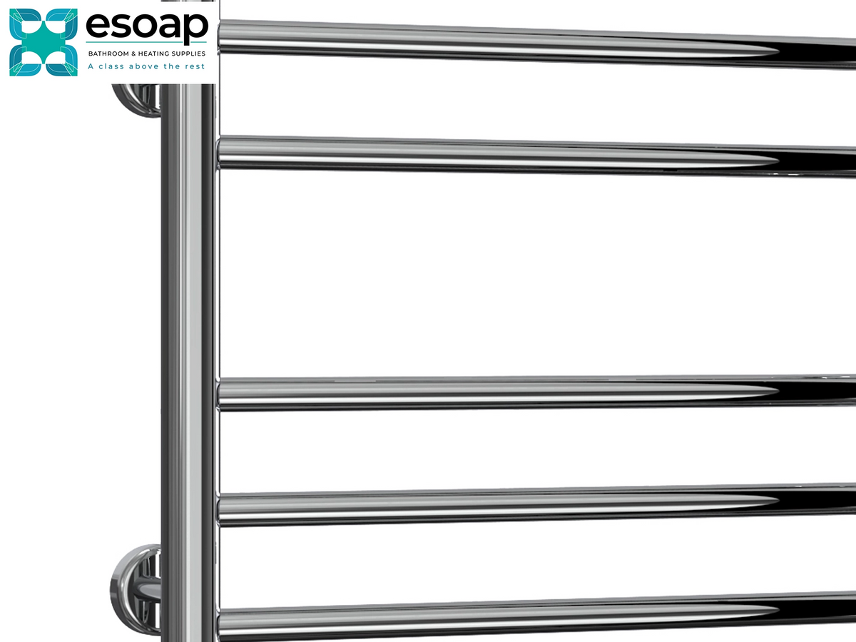 A close-up of a polished chrome towel rail with multiple horizontal bars, shown against a plain white background with the Esoap brand logo in the top-left corner. Reina Luna 430x500 Polished Stainless Steel Designe
