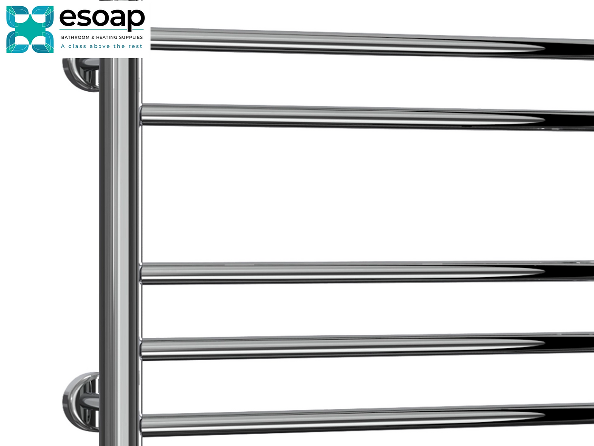 A close-up of a polished chrome towel rail with multiple horizontal bars and wall-mounted brackets, shown against a plain white background with the Esoap logo in the top-left corner. Reina Luna 430x600 Polished Stainless Steel Designer Radiator
