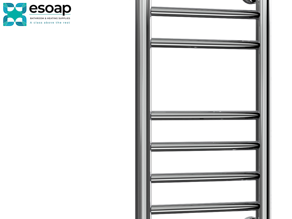A close-up of a polished chrome ladder towel rail on a white background, with the Esoap logo in the top-left corner. Reina Luna 600x300 Polished Stainless Steel Designer Radiator