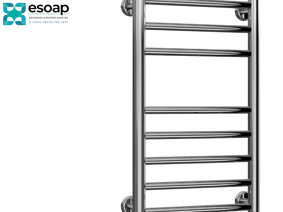 A polished chrome heated towel rail shown on a plain white background, with the Esoap brand logo in the top-left corner. Reina Luna 720x350 Polished Stainless Steel Designer Radiator