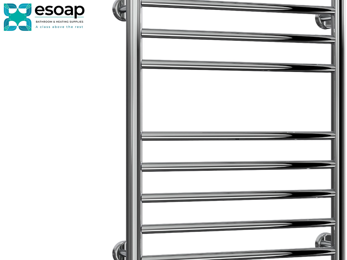 A polished chrome heated towel rail shown against a white background, with the Esoap logo in the top-left corner. Reina Luna 720x500 Polished Stainless Steel Designer Radiator